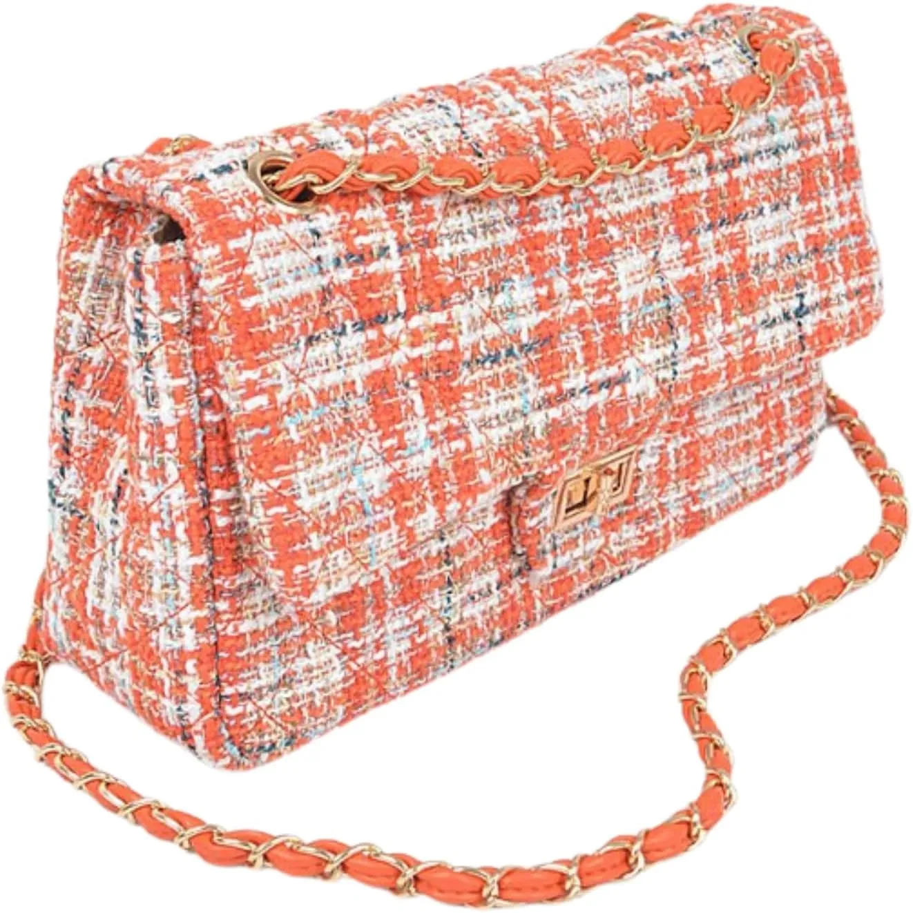 Quilted Tweed Convertible Shoulder Bag for Women Trendy Crossbody Chain Purse for Evening, Casual, and Travel Use
