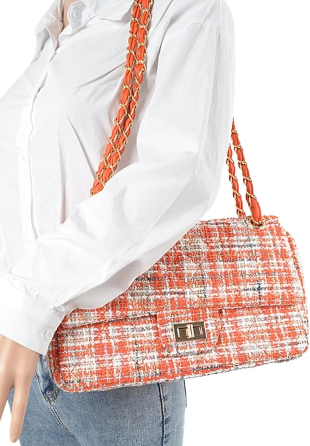 Quilted Tweed Convertible Shoulder Bag for Women Trendy Crossbody Chain Purse for Evening, Casual, and Travel Use