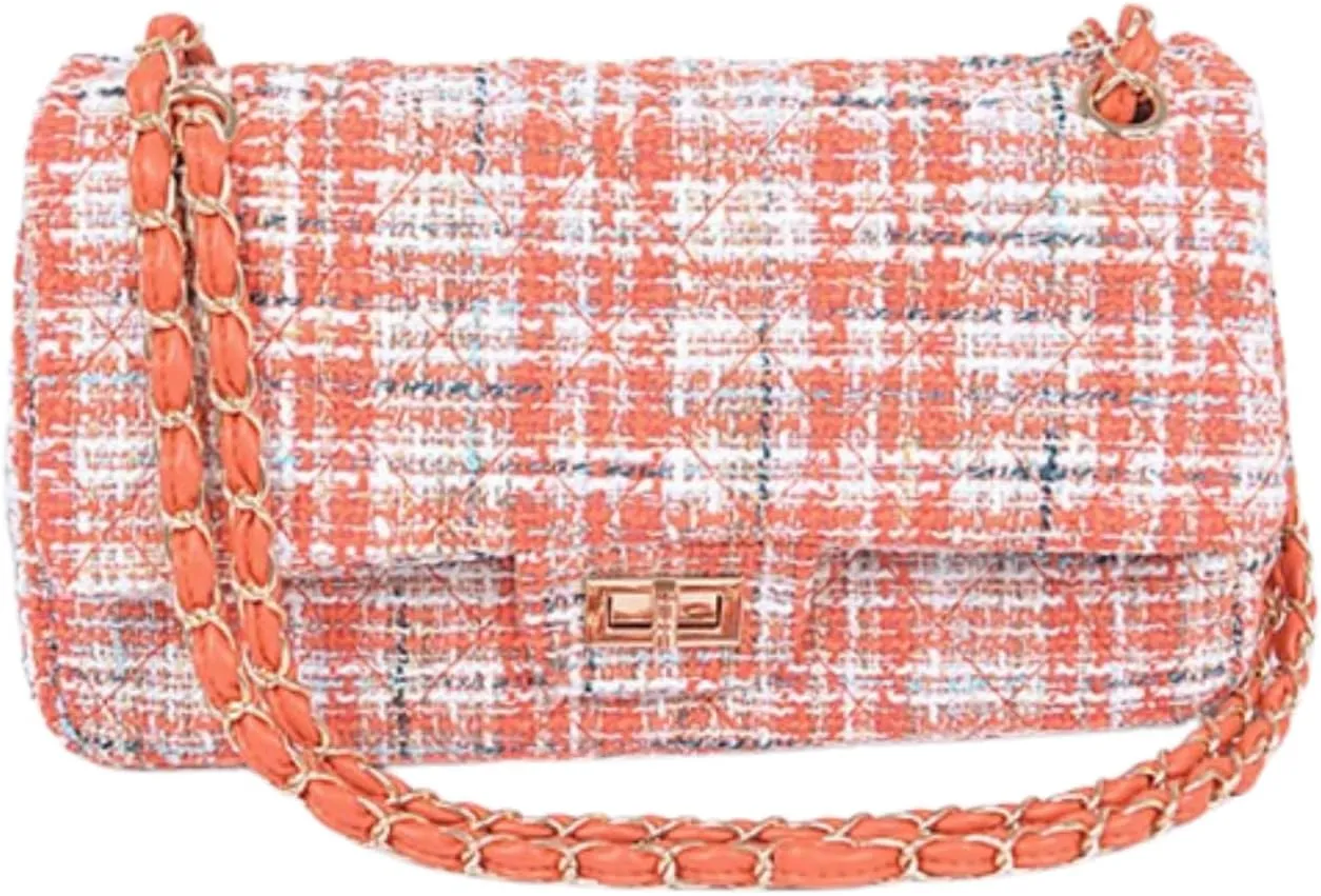 Quilted Tweed Convertible Shoulder Bag for Women Trendy Crossbody Chain Purse for Evening, Casual, and Travel Use