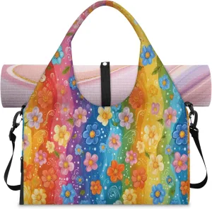 Rainbow striped flowers Women's Yoga Gym Bag - Adjustable shoulder strap with shoe compartment, large gym bag with multiple pockets for yoga mat, gym equipment and travel accessories