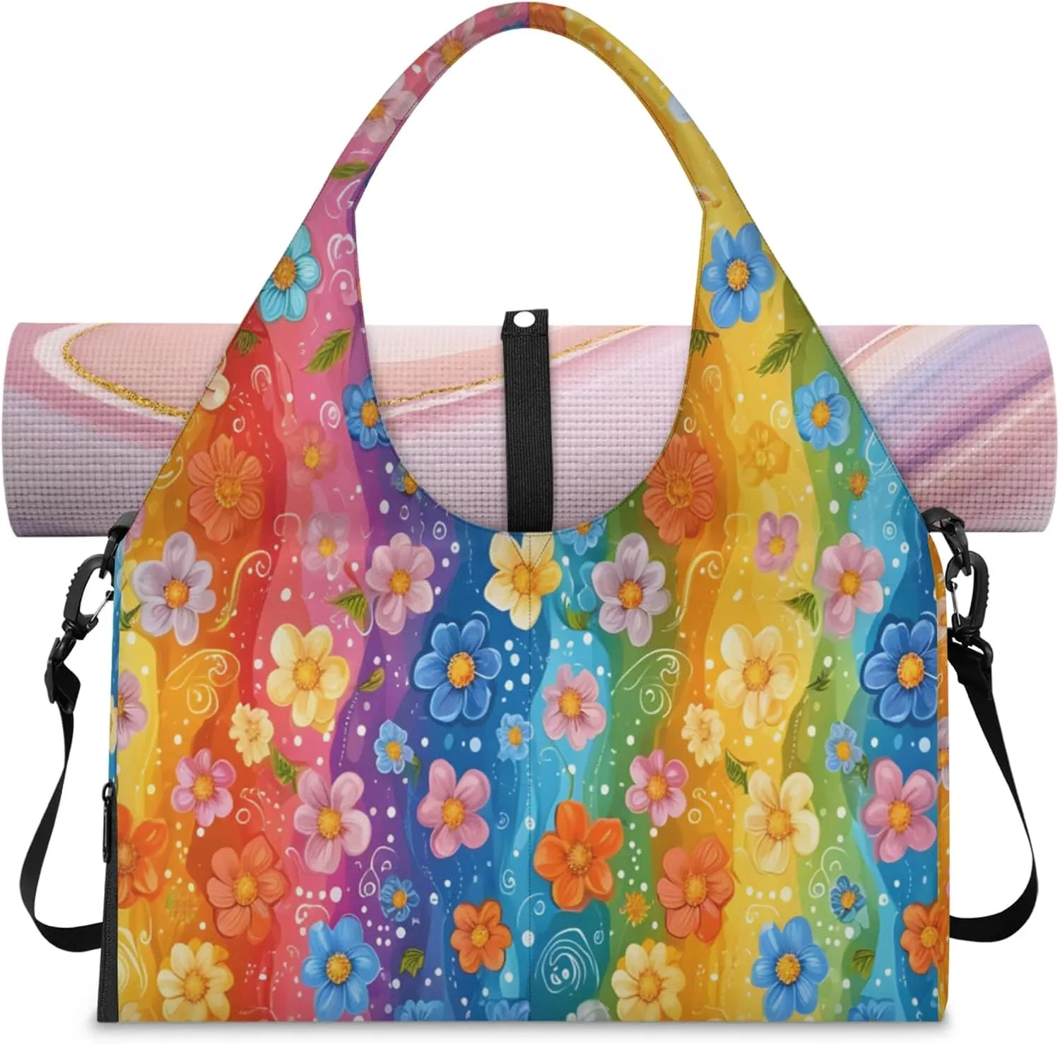 Rainbow striped flowers Women's Yoga Gym Bag - Adjustable shoulder strap with shoe compartment, large gym bag with multiple pockets for yoga mat, gym equipment and travel accessories