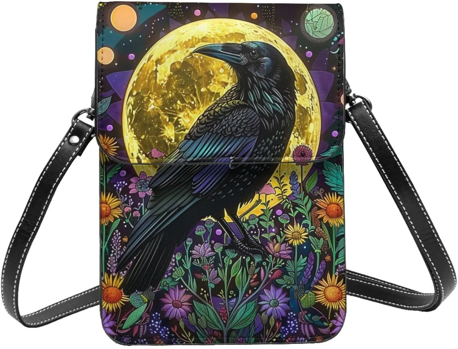 Raven Moon Flowers Leaves Plant Mystical Black Crossbody Cell Phone Purse For Women Teen Girls Leather Small Crossbody Bag Mini Phone Pouch Purse, 7.5x5.3 Inches