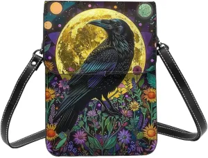 Raven Moon Flowers Leaves Plant Mystical Black Crossbody Cell Phone Purse For Women Teen Girls Leather Small Crossbody Bag Mini Phone Pouch Purse, 7.5x5.3 Inches