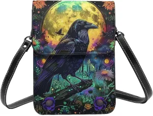 Raven Moon Leaves Plant Flowers Mystical Black Crossbody Cell Phone Purse For Women Teen Girls Leather Small Crossbody Bag Mini Phone Pouch Purse, 7.5x5.3 Inches