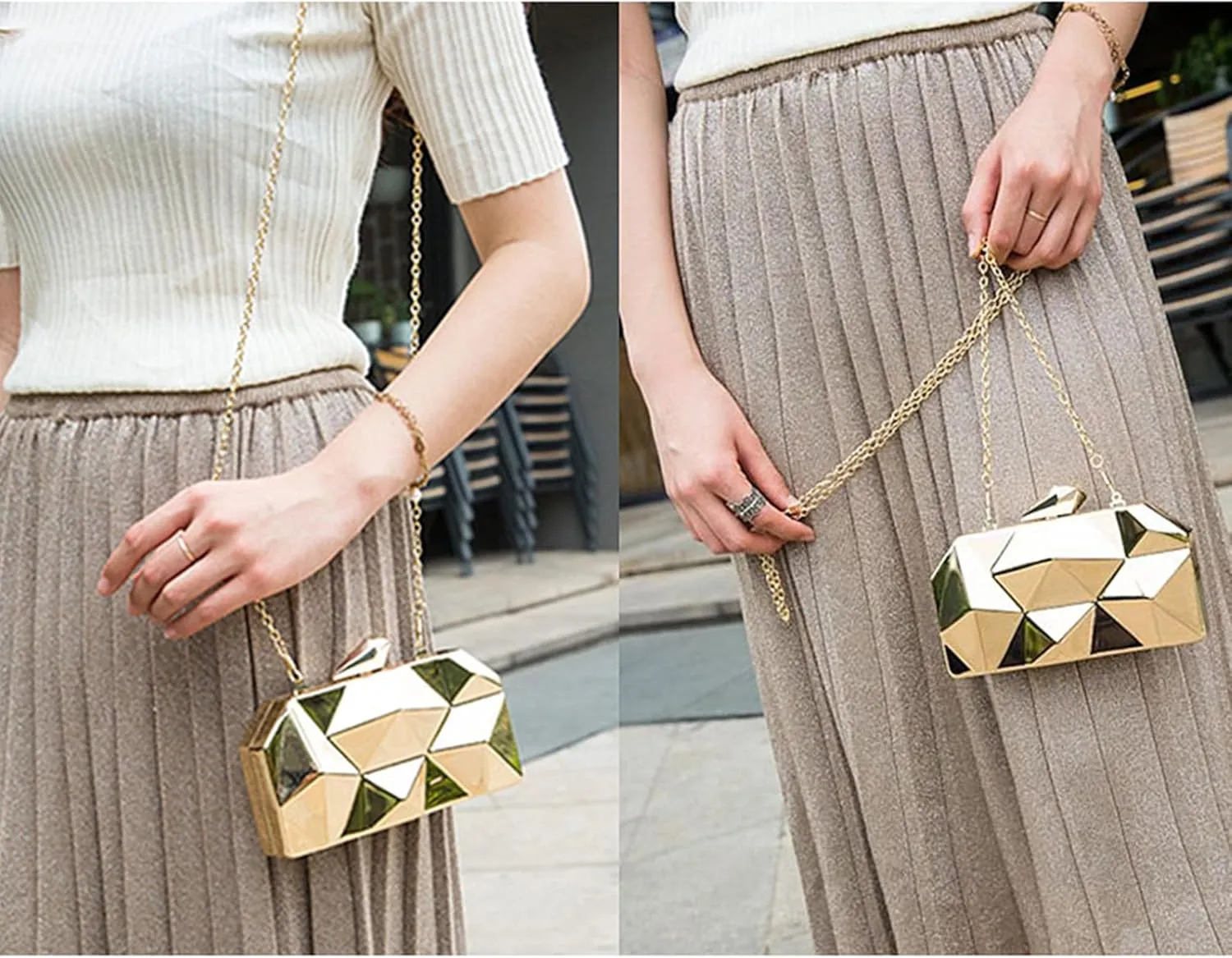 Reberomantic Women Lattice Pattern Metal Handbag Chain Geometric Evening Clutch Purse