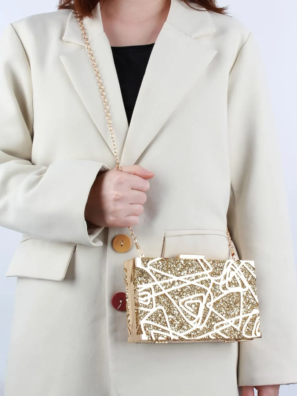 Reberomantic Women Lattice Pattern Metal Handbag Chain Geometric Evening Clutch Purse