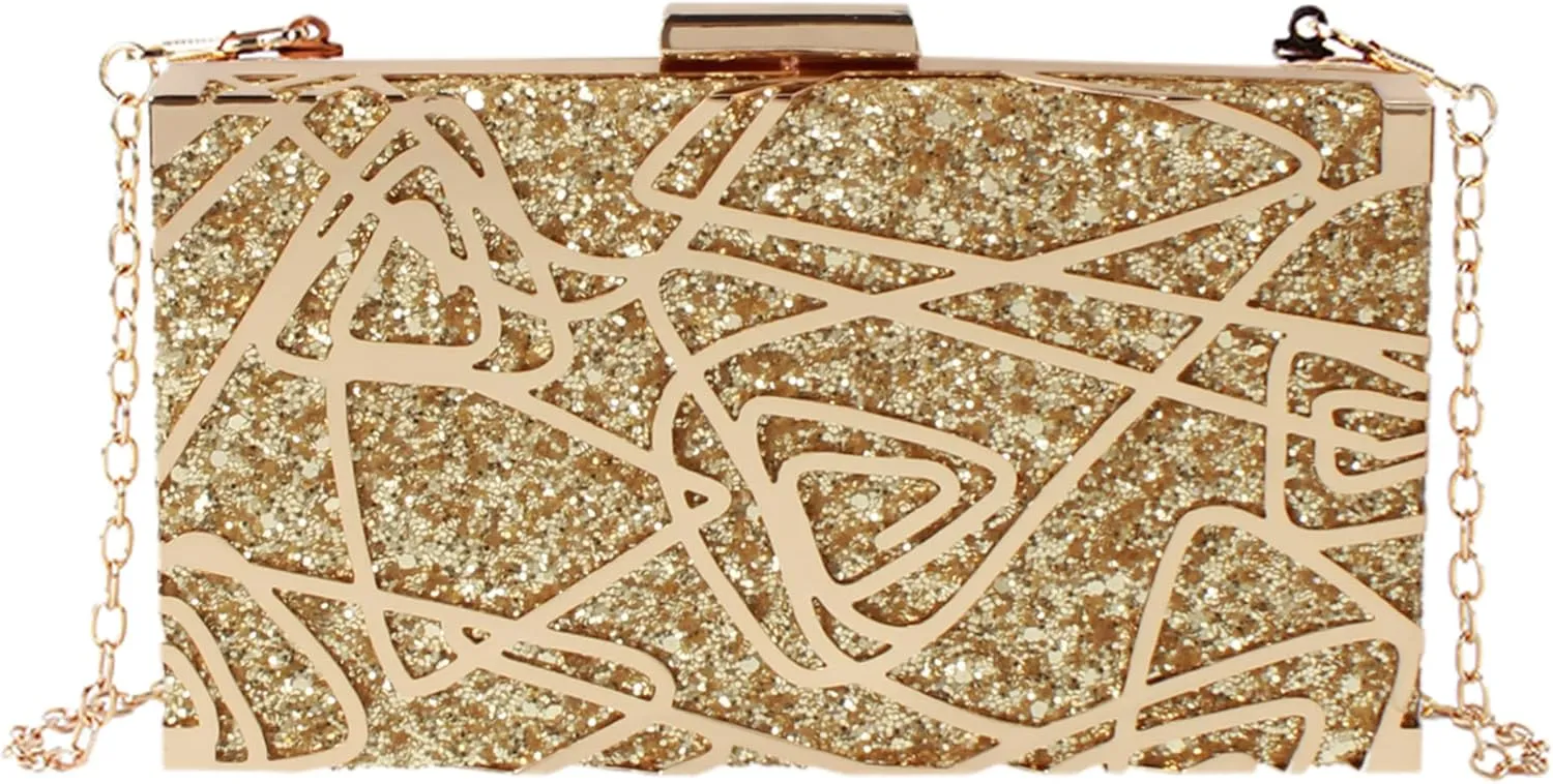 Reberomantic Women Lattice Pattern Metal Handbag Chain Geometric Evening Clutch Purse