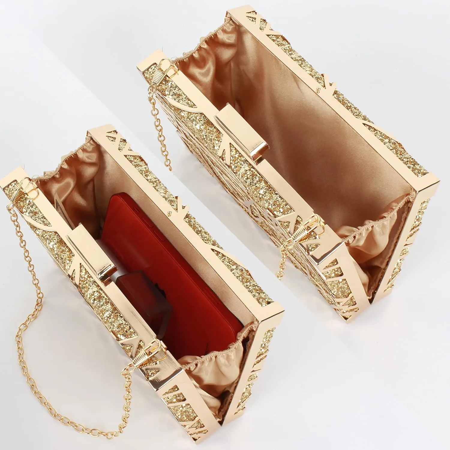 Reberomantic Women Lattice Pattern Metal Handbag Chain Geometric Evening Clutch Purse