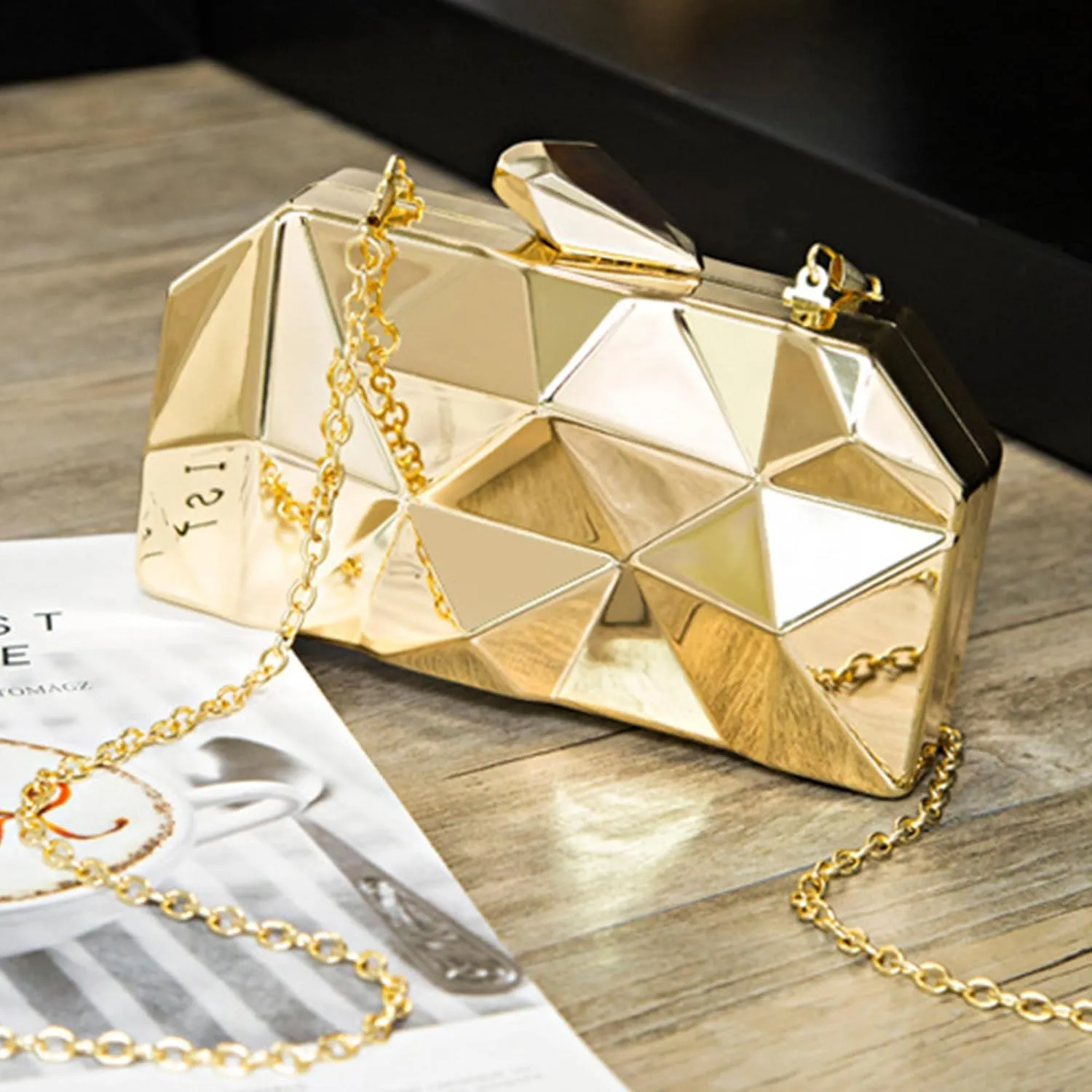 Reberomantic Women Lattice Pattern Metal Handbag Chain Geometric Evening Clutch Purse