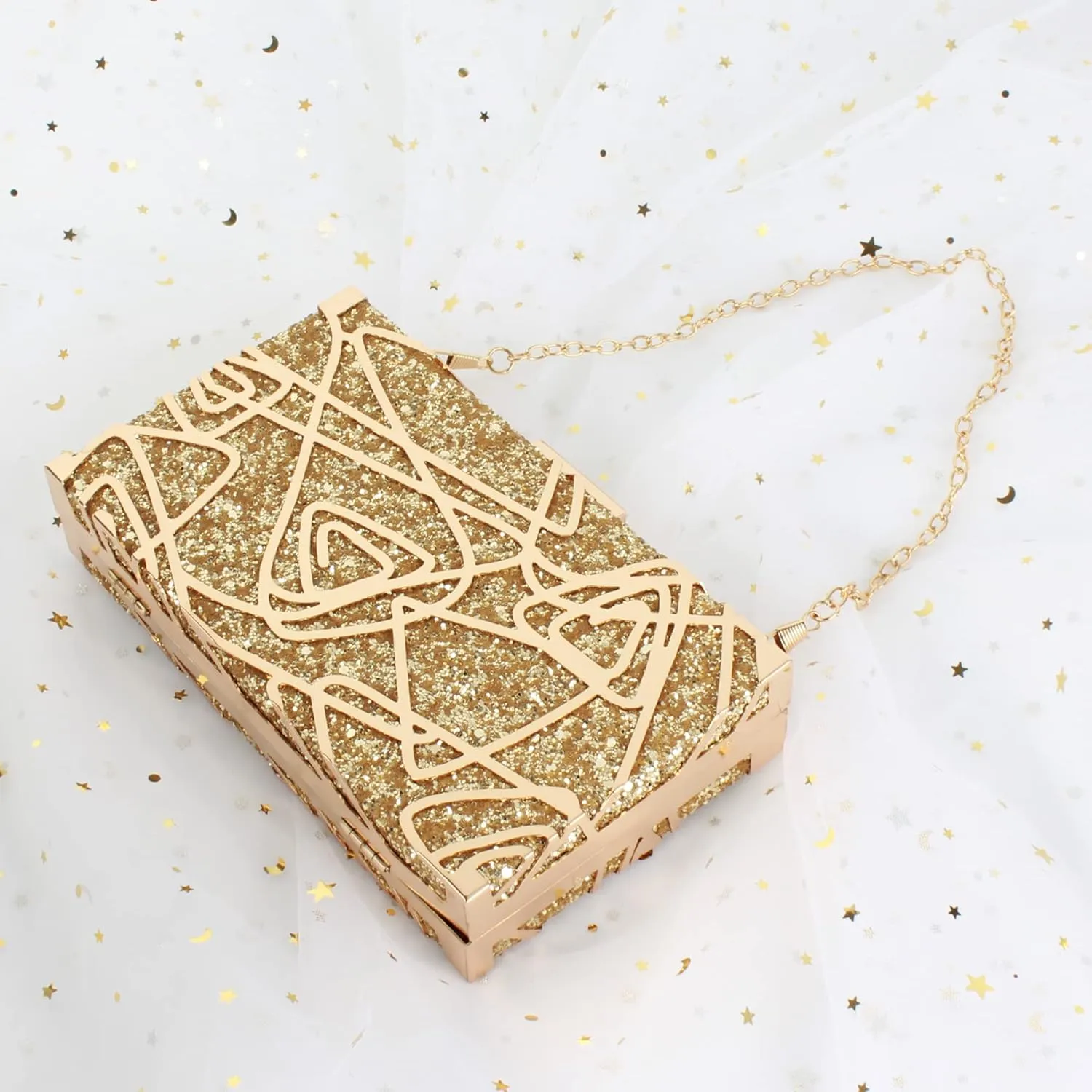 Reberomantic Women Lattice Pattern Metal Handbag Chain Geometric Evening Clutch Purse