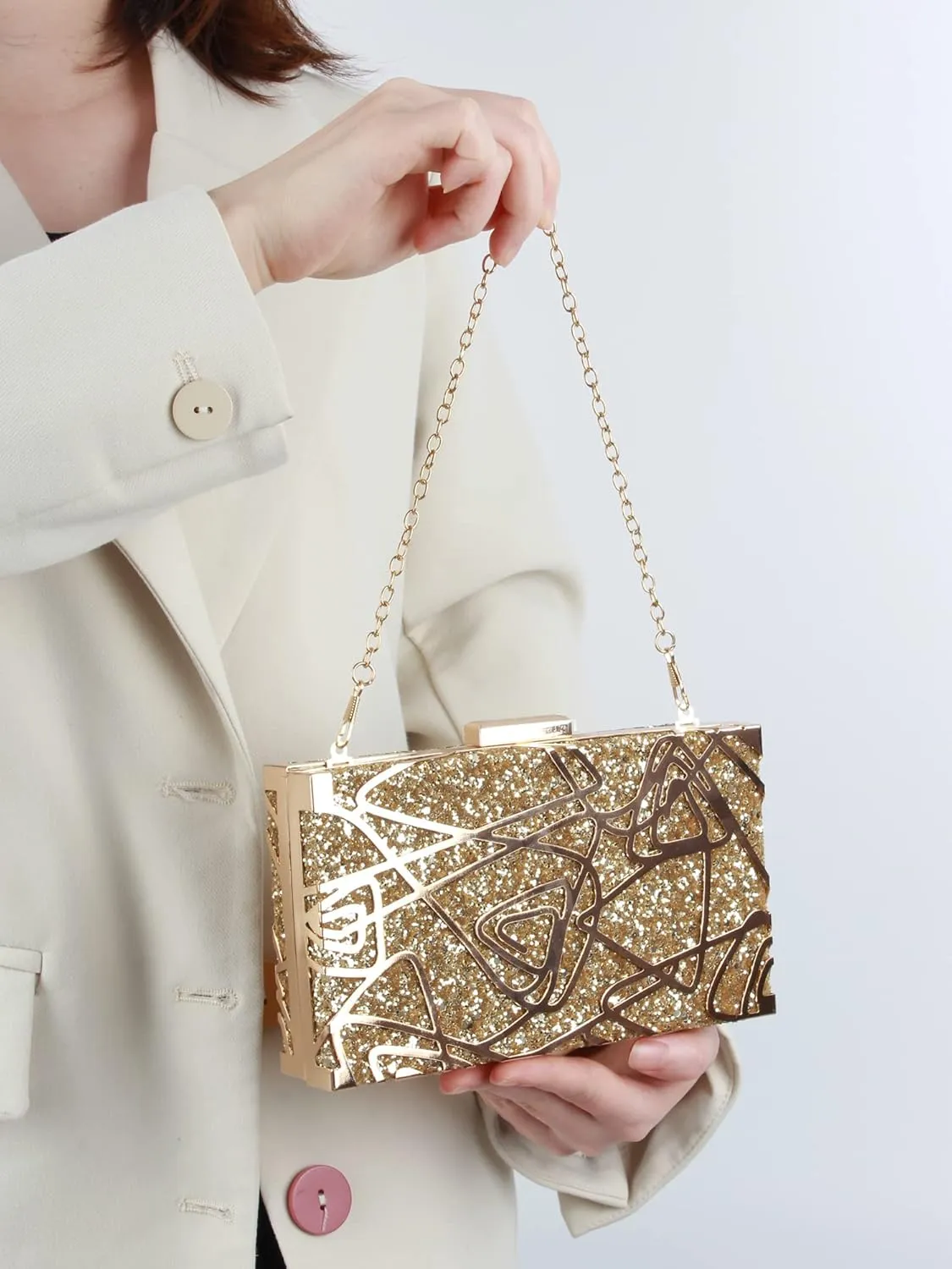 Reberomantic Women Lattice Pattern Metal Handbag Chain Geometric Evening Clutch Purse