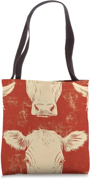 Red Art Deco Geometric Cows Ranch Pasture Rustic Farm Tote Bag