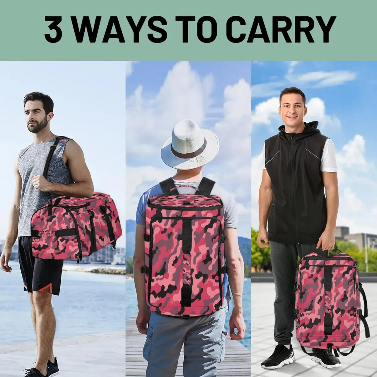 Red Camo Gym Bags for Men Women Sports Backpack with Shoe Compartment 3-in-1 Tactical Duffle Bag for Overnight Weekender Travel