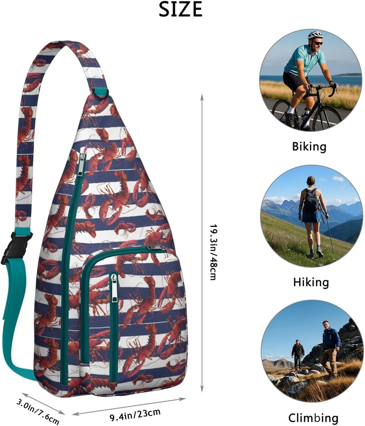 Red White and Blue Striped Lobster Crossbody Bag Daypack for Women Men Lightweight Waterproof Sling Bag Backpack Hiking Cycling