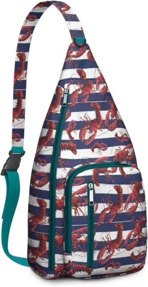 Red White and Blue Striped Lobster Crossbody Bag Daypack for Women Men Lightweight Waterproof Sling Bag Backpack Hiking Cycling
