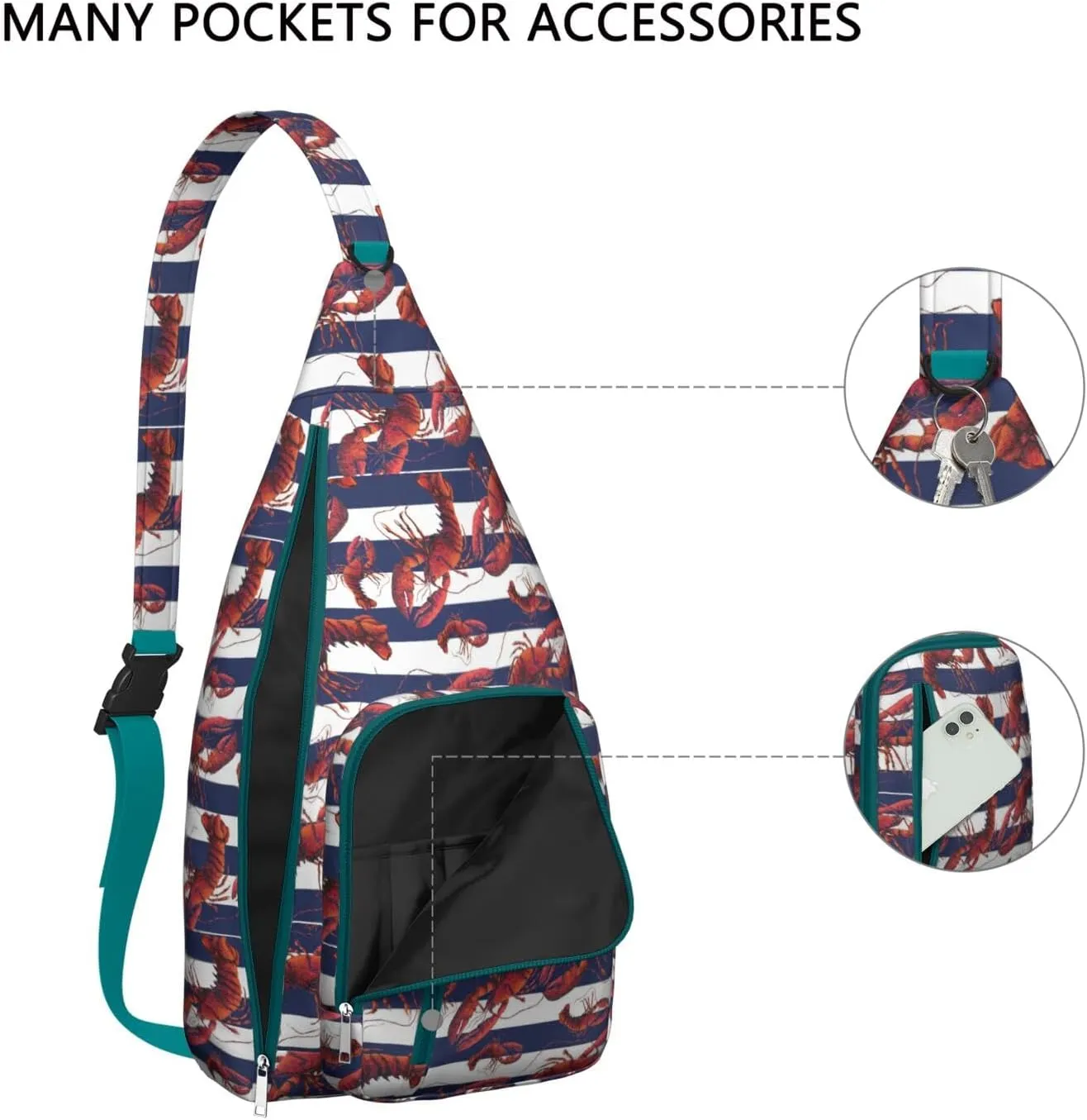 Red White and Blue Striped Lobster Crossbody Bag Daypack for Women Men Lightweight Waterproof Sling Bag Backpack Hiking Cycling