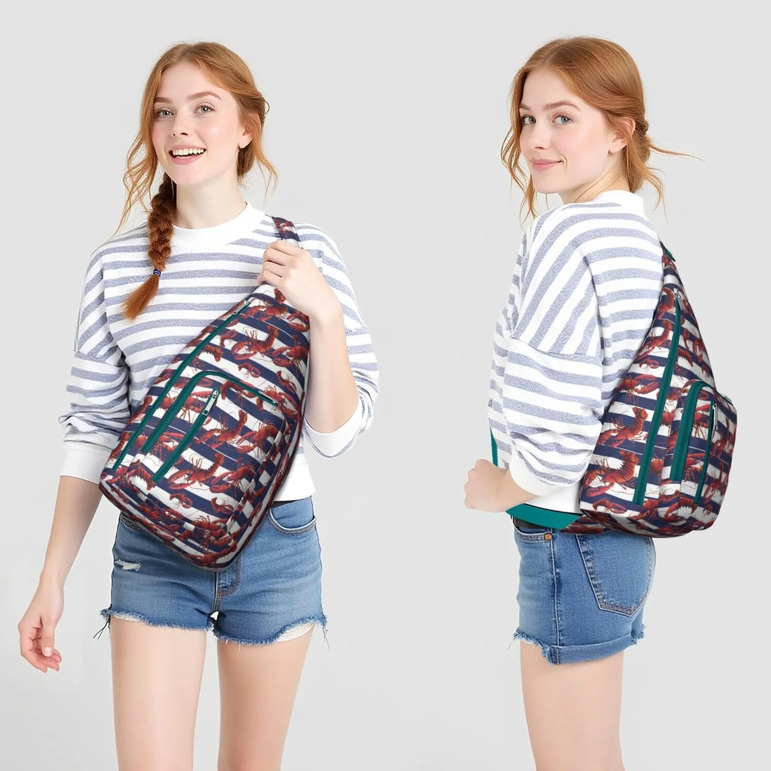 Red White and Blue Striped Lobster Crossbody Bag Daypack for Women Men Lightweight Waterproof Sling Bag Backpack Hiking Cycling
