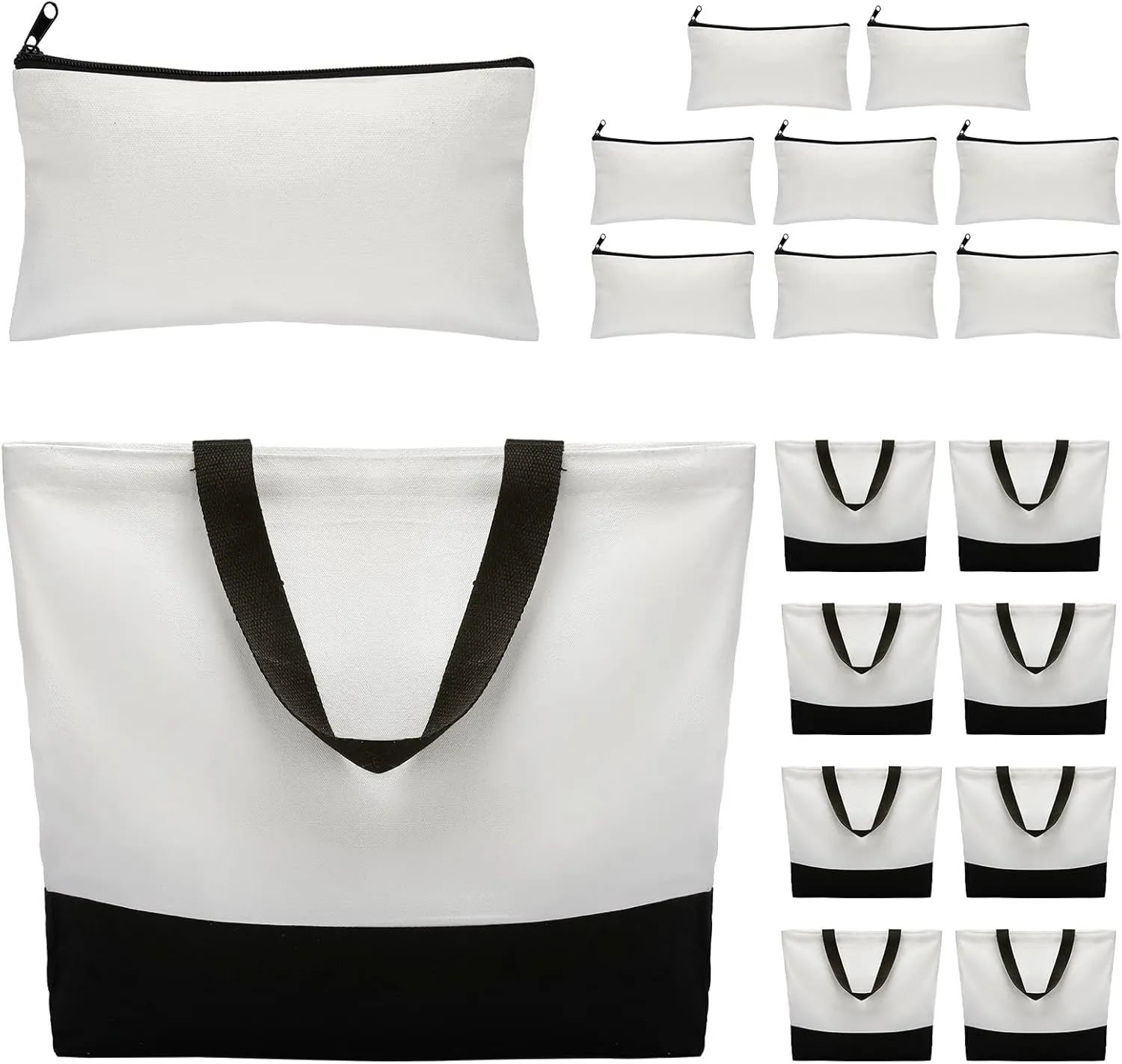 Reginary 16 Pieces Canvas Tote Makeup Bag Blank Plain Large Reusable Grocery Shopping Cloth Bags with Handles DIY Craft Canvas Pencil Case with Zipper Cosmetic School Supplies