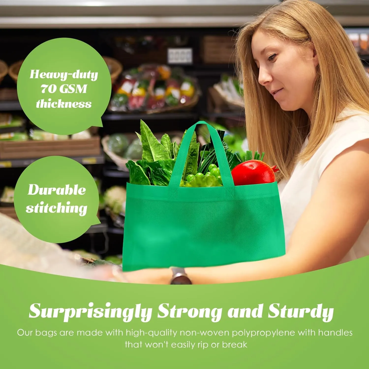 Reginary 50 Pieces Reusable Totes Bag Bulk Shopping Bags Non Woven Grocery handbag with Handles Foldable for Boutiques(Green)