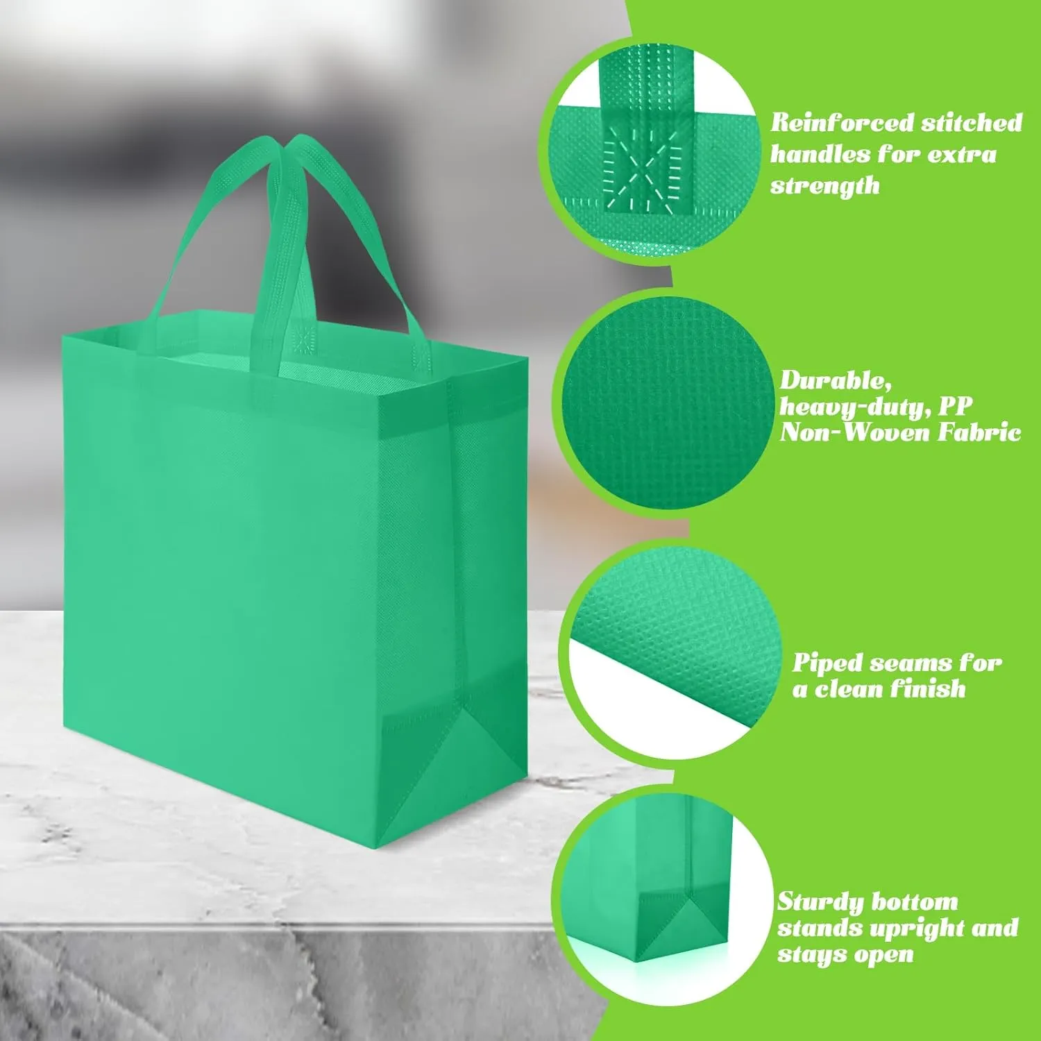 Reginary 50 Pieces Reusable Totes Bag Bulk Shopping Bags Non Woven Grocery handbag with Handles Foldable for Boutiques(Green)