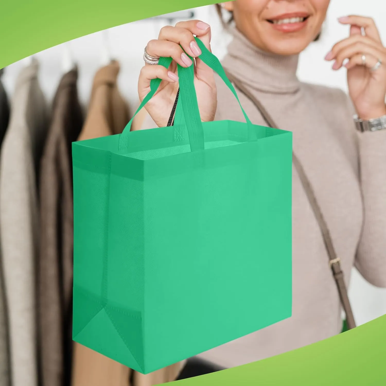 Reginary 50 Pieces Reusable Totes Bag Bulk Shopping Bags Non Woven Grocery handbag with Handles Foldable for Boutiques(Green)