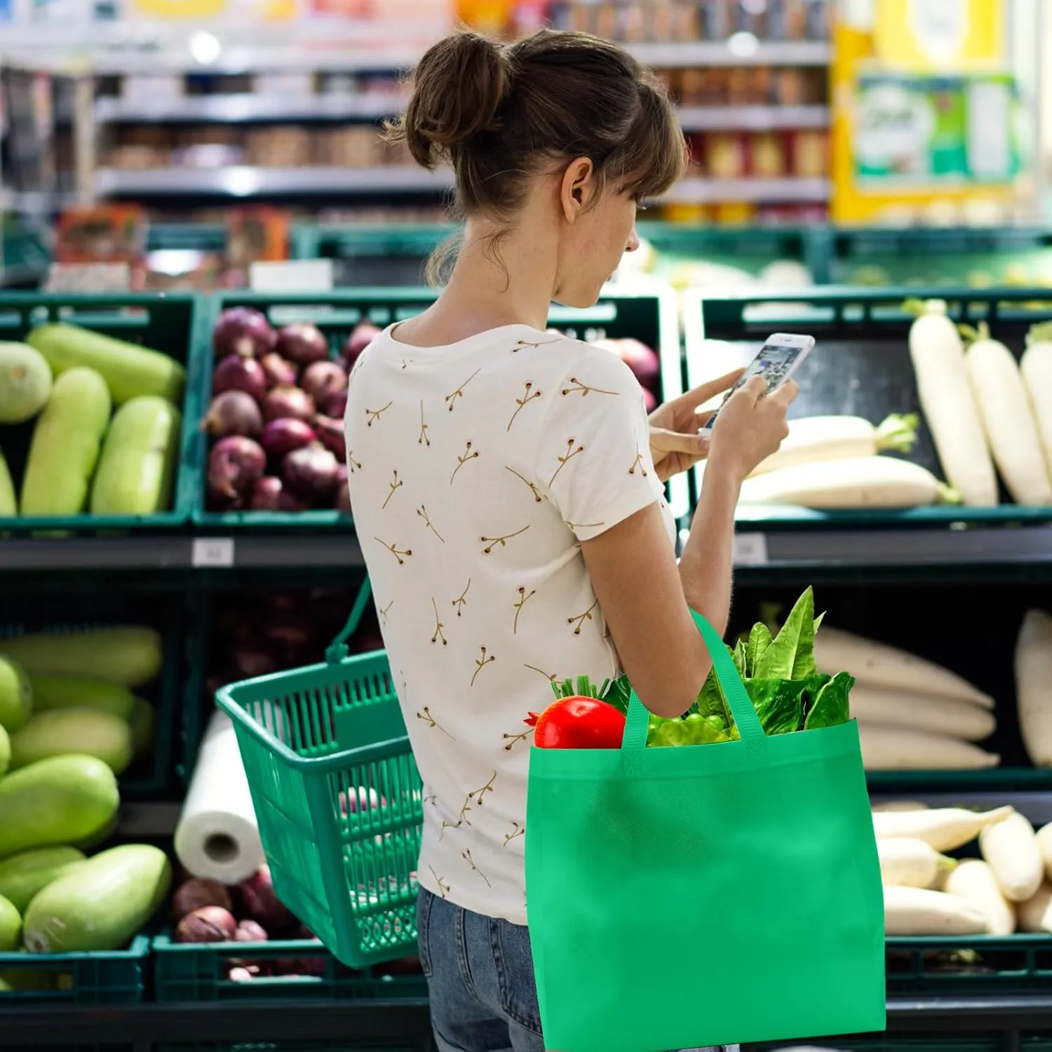 Reginary 50 Pieces Reusable Totes Bag Bulk Shopping Bags Non Woven Grocery handbag with Handles Foldable for Boutiques(Green)