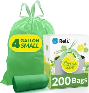 Reli. 4 Gallon Trash Bags Drawstring (200 Count Bulk) | Citrus Scented Small Trash Bags | Garbage Liners for Bathroom Can | 2 Gal - 3 Gallon - 4 Gal Small Can Liners (Green)