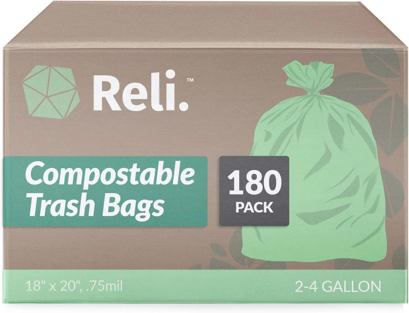 Reli. Compostable 4 Gallon Trash Bags | 180 Count | ASTM D6400 | Green | Eco-Friendly | For Compost