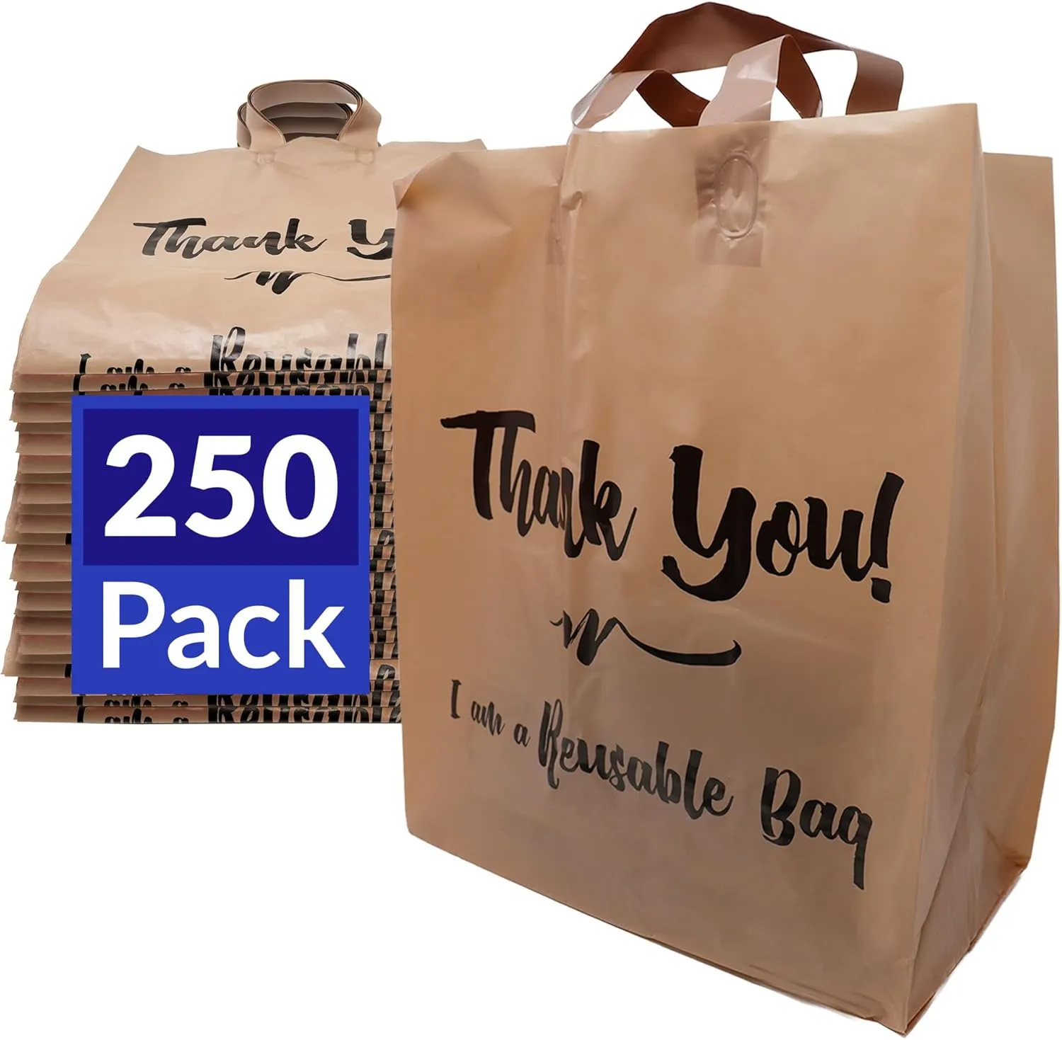 Reli. Reusable Thank You Bags | 250 Pack Bulk | 2 Mil | Brown/Kraft Shopping Bags with Handles | Take out/ToGo | Food, Grocery, Retail | 12" L x 6.75" W x 14" H | Self-Standing, Gusset (Plastic)