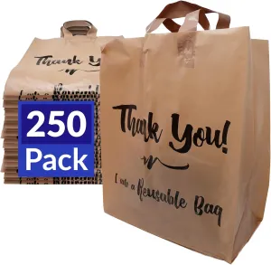 Reli. Reusable Thank You Bags | 250 Pack Bulk | 2 Mil | Brown/Kraft Shopping Bags with Handles | Take out/ToGo | Food, Grocery, Retail | 12" L x 6.75" W x 14" H | Self-Standing, Gusset (Plastic)