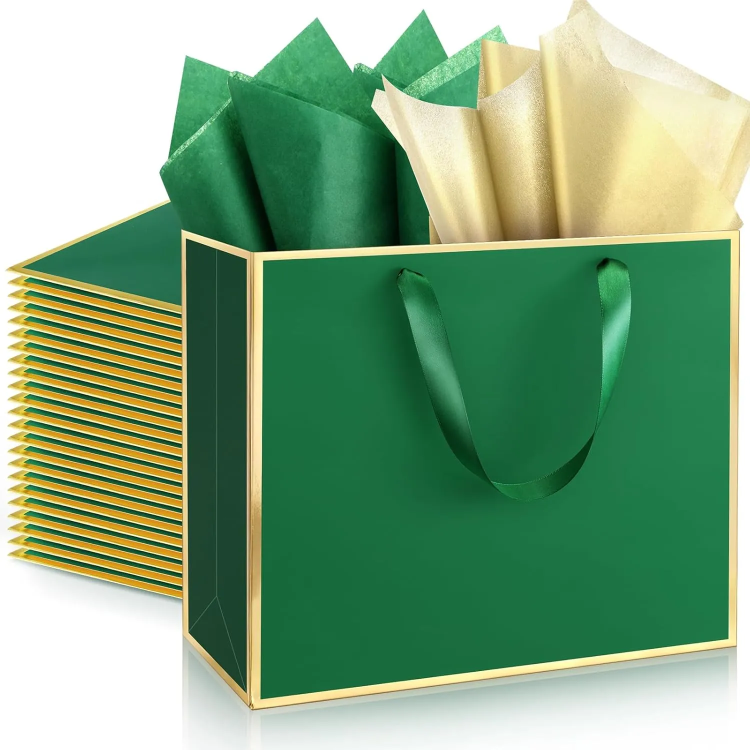 ReliThick 12 Pack Metallic Paper Gift Bag with Handles and Tissue Paper 11.8 x 10 x 4'' Thank You Favor Bag for Wedding Bridesmaid Graduation Groomsmen 5 Senses Birthday Gifts(Green, Gold)
