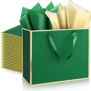 ReliThick 12 Pack Metallic Paper Gift Bag with Handles and Tissue Paper 11.8 x 10 x 4'' Thank You Favor Bag for Wedding Bridesmaid Graduation Groomsmen 5 Senses Birthday Gifts(Green, Gold)