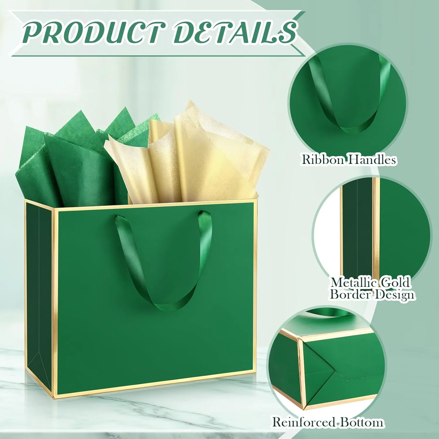 ReliThick 12 Pack Metallic Paper Gift Bag with Handles and Tissue Paper 11.8 x 10 x 4'' Thank You Favor Bag for Wedding Bridesmaid Graduation Groomsmen 5 Senses Birthday Gifts(Green, Gold)