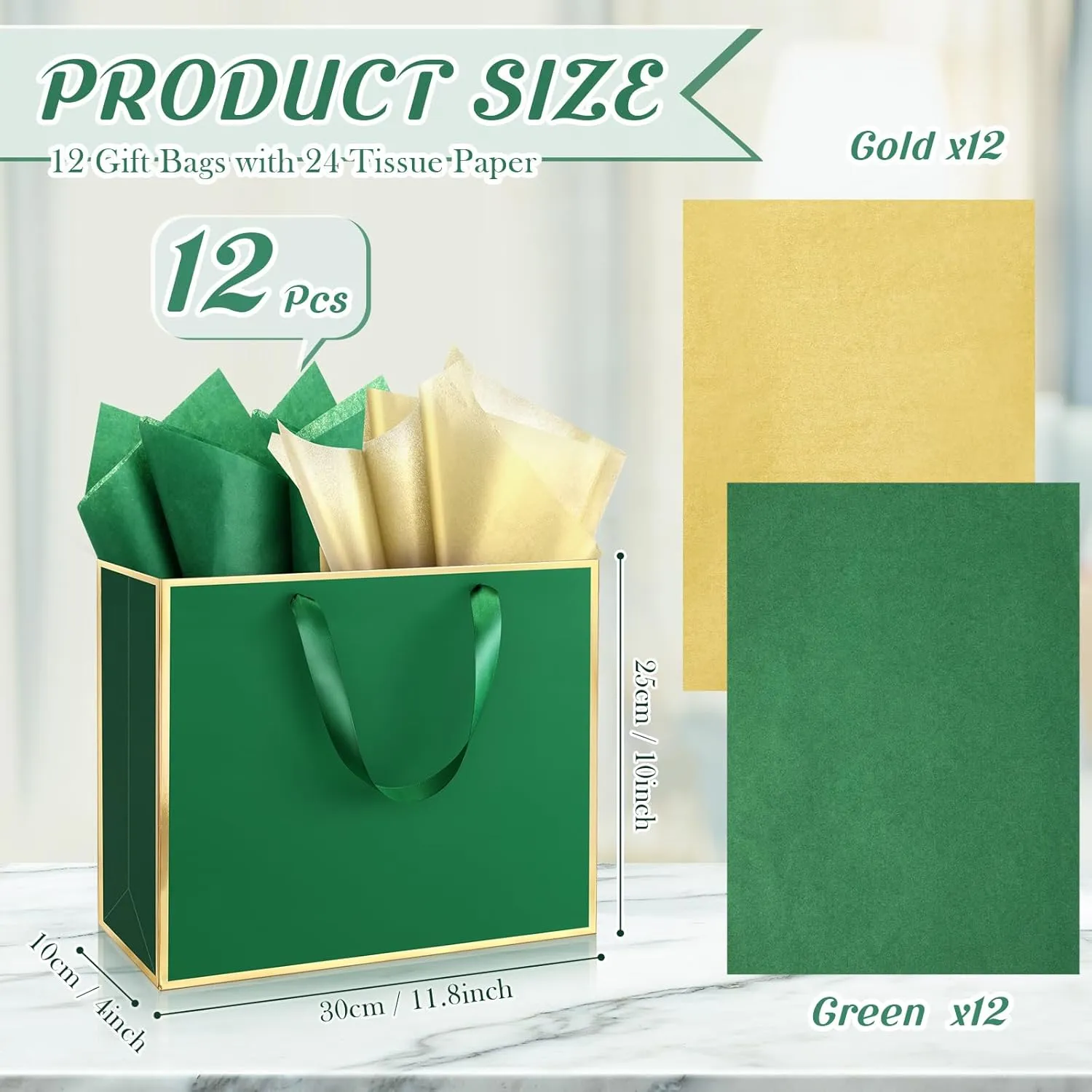 ReliThick 12 Pack Metallic Paper Gift Bag with Handles and Tissue Paper 11.8 x 10 x 4'' Thank You Favor Bag for Wedding Bridesmaid Graduation Groomsmen 5 Senses Birthday Gifts(Green, Gold)