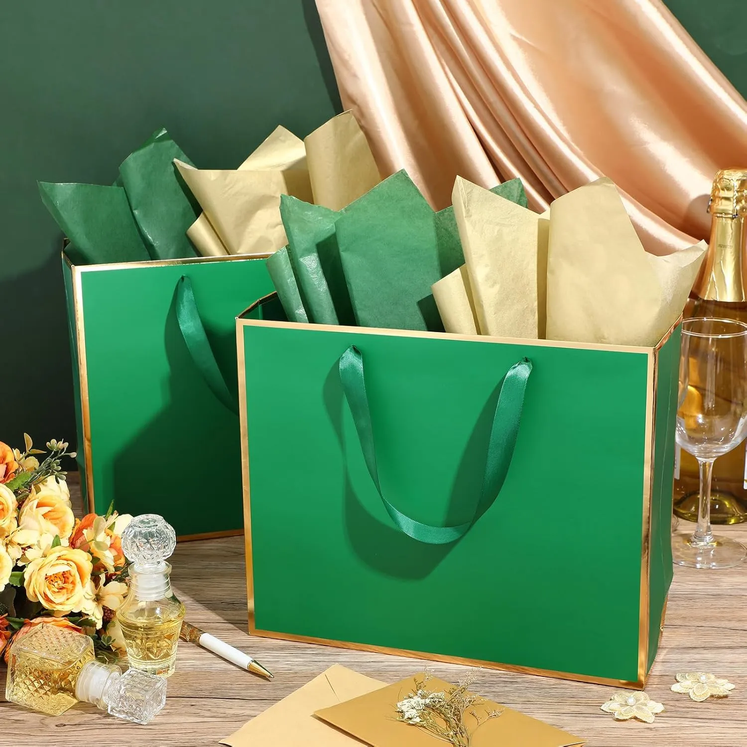 ReliThick 12 Pack Metallic Paper Gift Bag with Handles and Tissue Paper 11.8 x 10 x 4'' Thank You Favor Bag for Wedding Bridesmaid Graduation Groomsmen 5 Senses Birthday Gifts(Green, Gold)