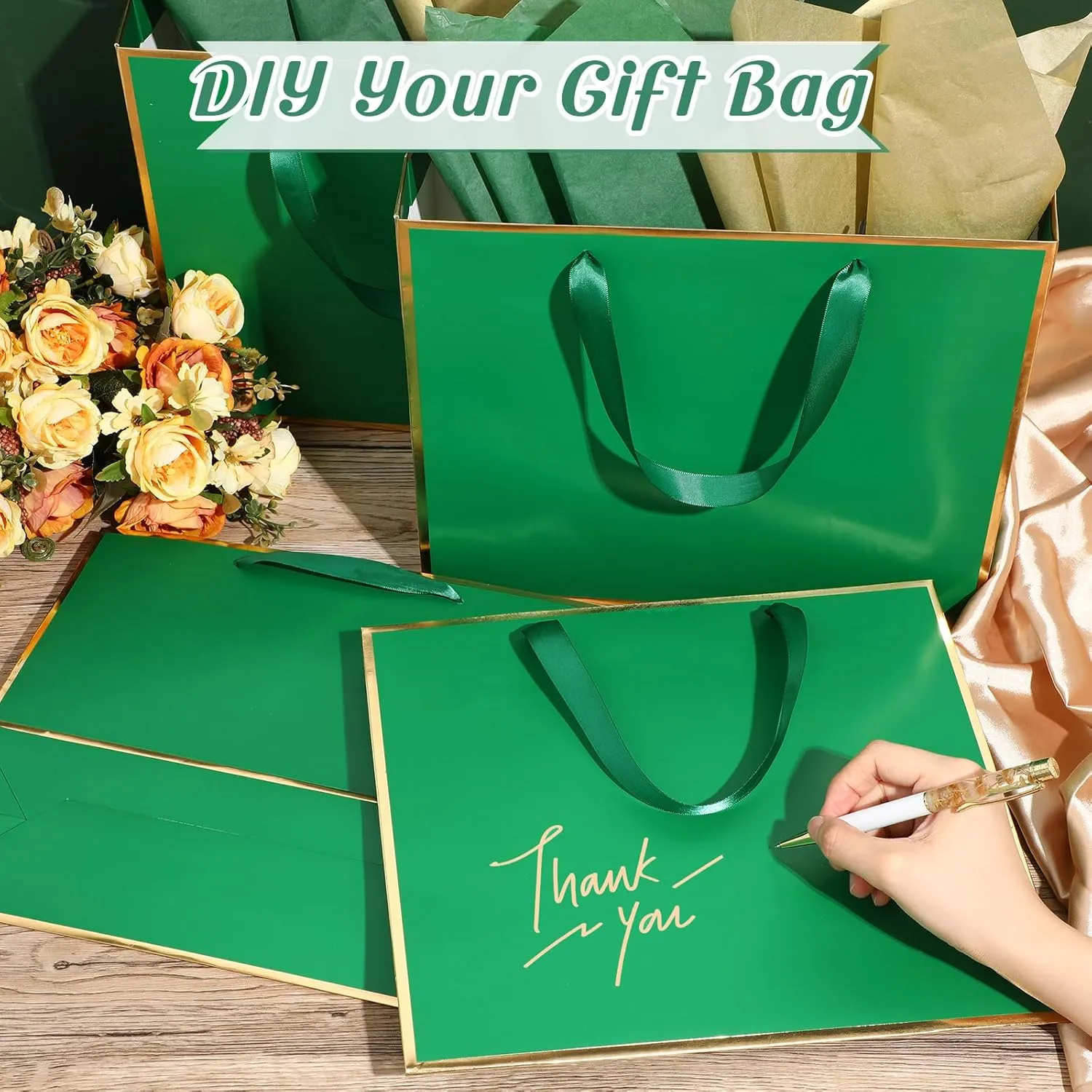 ReliThick 12 Pack Metallic Paper Gift Bag with Handles and Tissue Paper 11.8 x 10 x 4'' Thank You Favor Bag for Wedding Bridesmaid Graduation Groomsmen 5 Senses Birthday Gifts(Green, Gold)