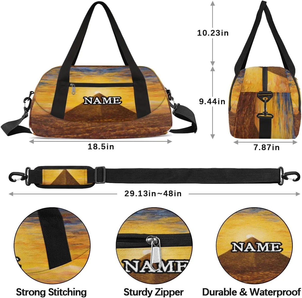 Retro African Egyptian Pyramid Personalized Kids Duffel Bag Custom Gym Sports Duffle Bag Teen Travel Gymnastic Weekender Overnighter Bag Carry on Toe Bag for Boys & Girls