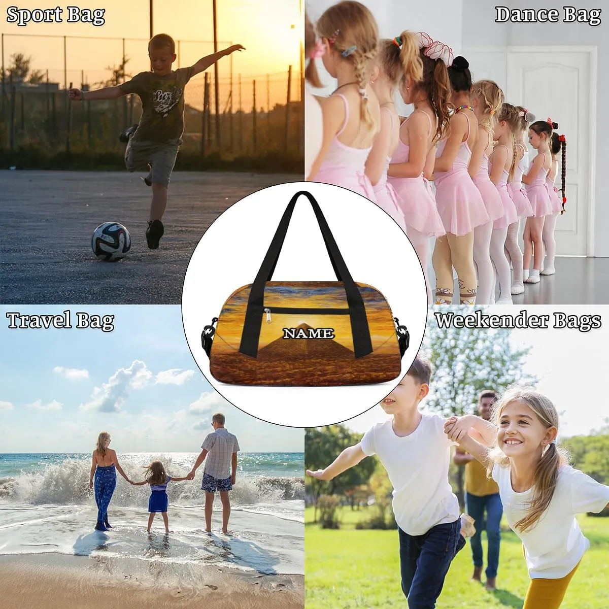 Retro African Egyptian Pyramid Personalized Kids Duffel Bag Custom Gym Sports Duffle Bag Teen Travel Gymnastic Weekender Overnighter Bag Carry on Toe Bag for Boys & Girls