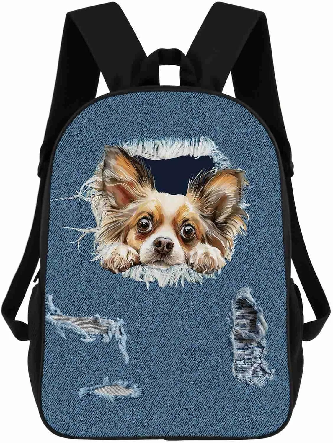 Retro Backpack Papillon Dog Pattern Jeans Blue Shoulder Bags Travel Laptop Backpack 17 Inch