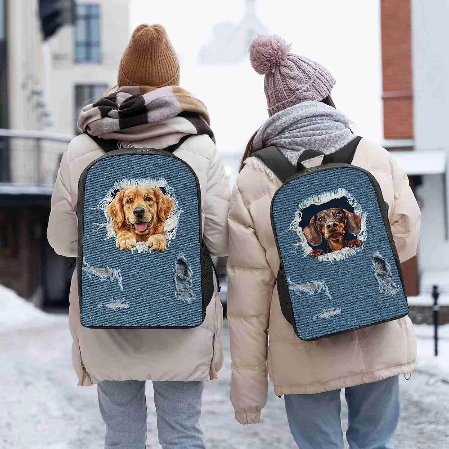Retro Backpack Papillon Dog Pattern Jeans Blue Shoulder Bags Travel Laptop Backpack 17 Inch