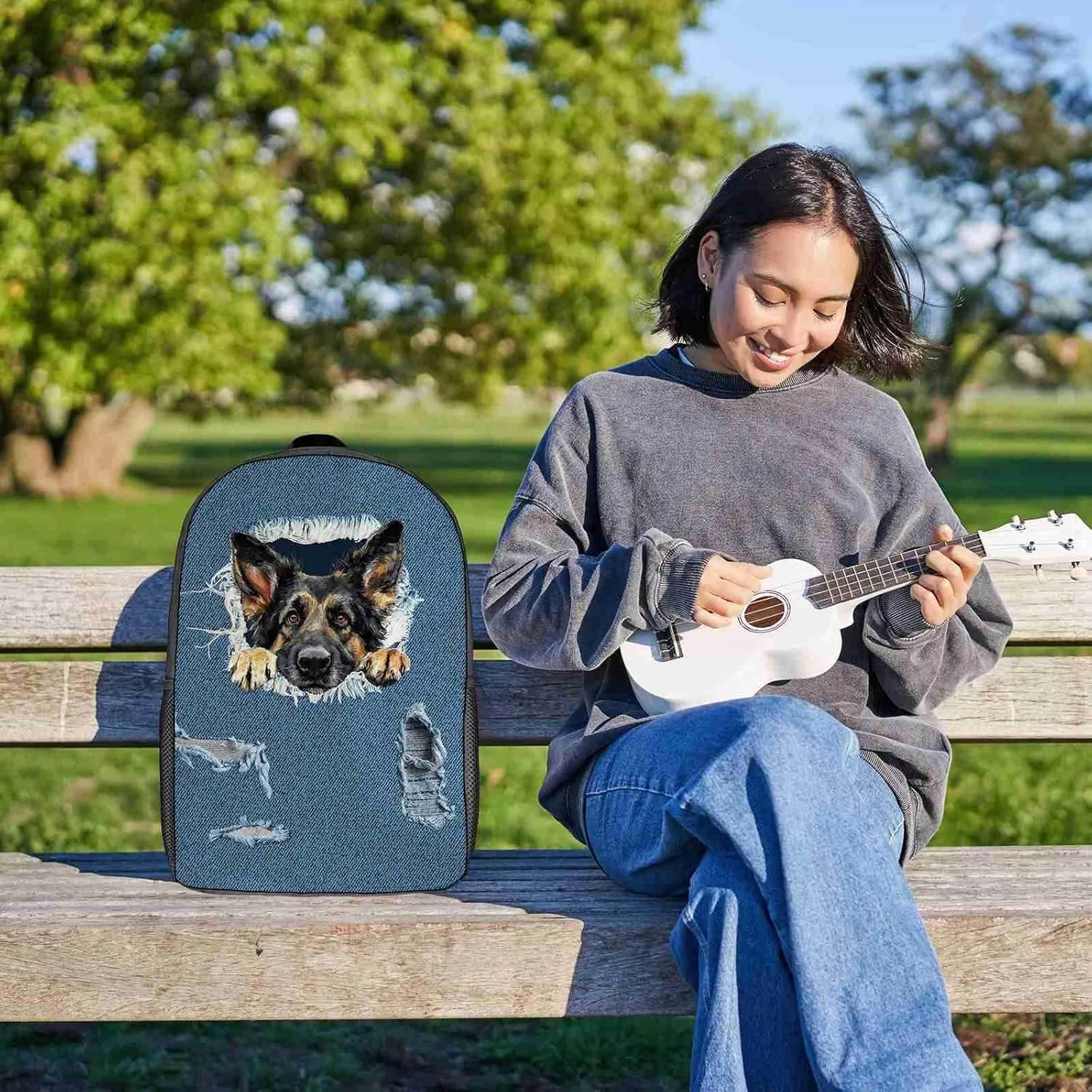 Retro Backpack Papillon Dog Pattern Jeans Blue Shoulder Bags Travel Laptop Backpack 17 Inch