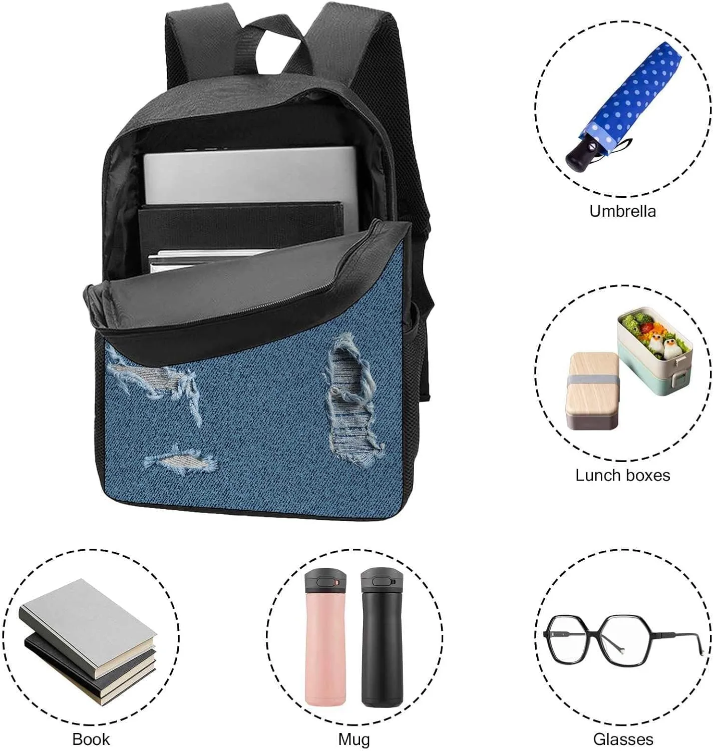 Retro Backpack Papillon Dog Pattern Jeans Blue Shoulder Bags Travel Laptop Backpack 17 Inch