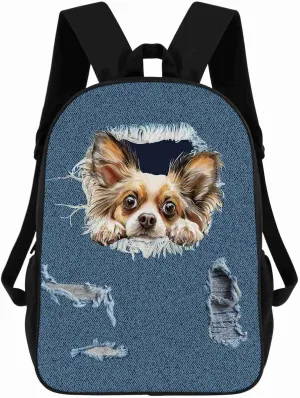 Retro Backpack Papillon Dog Pattern Jeans Blue Shoulder Bags Travel Laptop Backpack 17 Inch