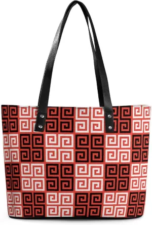 Retro Gold Geometric Greek Key Women Tote Bags Top Handle Satchel Handbags Faux Leather Tassel Shoulder Purse