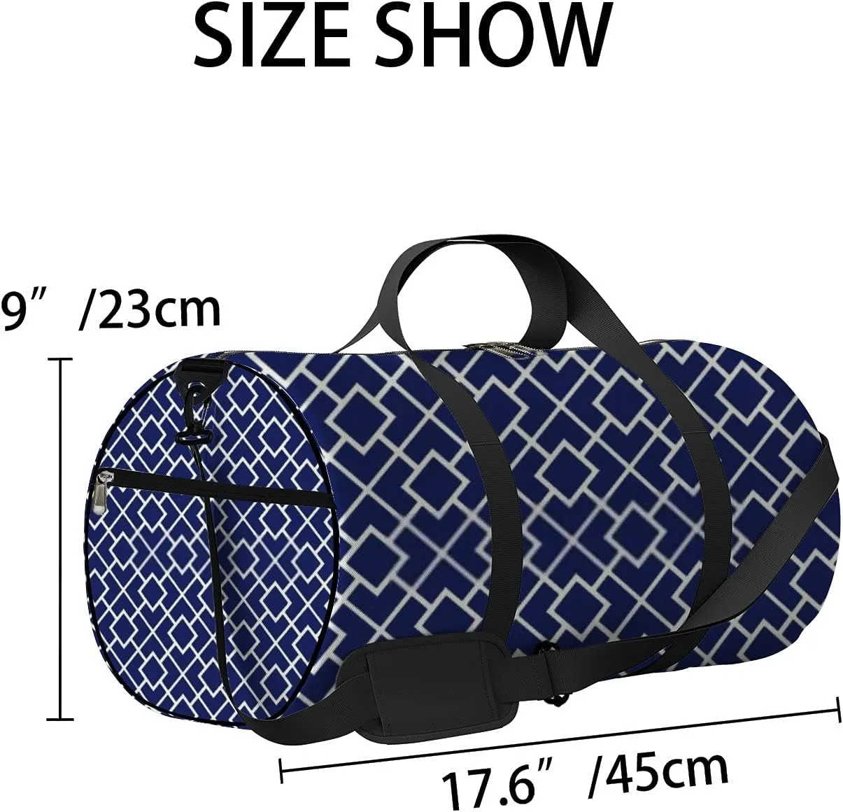 Retro Navy Blue Geometric Ornament Pattern Sports Bag Tote Bag Waterproof Gym Bag with Shoulder Strap Zipper 2 Side Pockets for Men and Women, Travel and Storage Shoulder Bag.