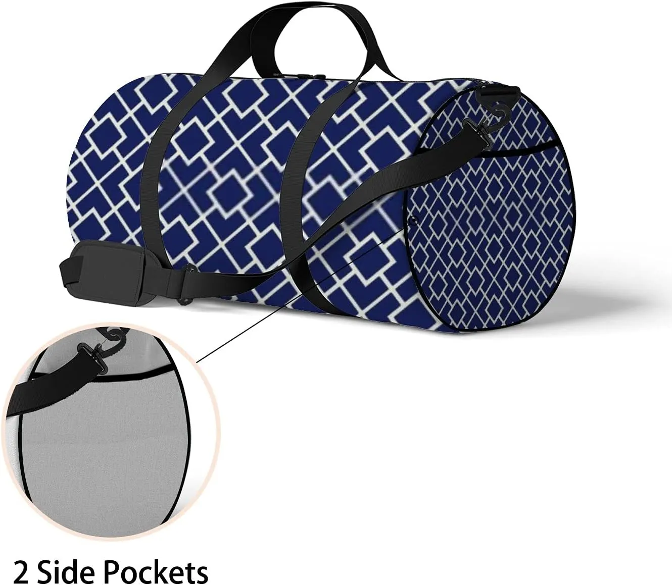 Retro Navy Blue Geometric Ornament Pattern Sports Bag Tote Bag Waterproof Gym Bag with Shoulder Strap Zipper 2 Side Pockets for Men and Women, Travel and Storage Shoulder Bag.