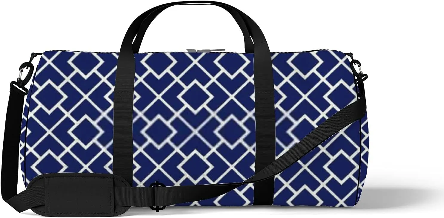 Retro Navy Blue Geometric Ornament Pattern Sports Bag Tote Bag Waterproof Gym Bag with Shoulder Strap Zipper 2 Side Pockets for Men and Women, Travel and Storage Shoulder Bag.