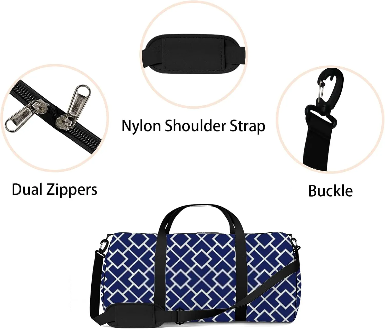 Retro Navy Blue Geometric Ornament Pattern Sports Bag Tote Bag Waterproof Gym Bag with Shoulder Strap Zipper 2 Side Pockets for Men and Women, Travel and Storage Shoulder Bag.