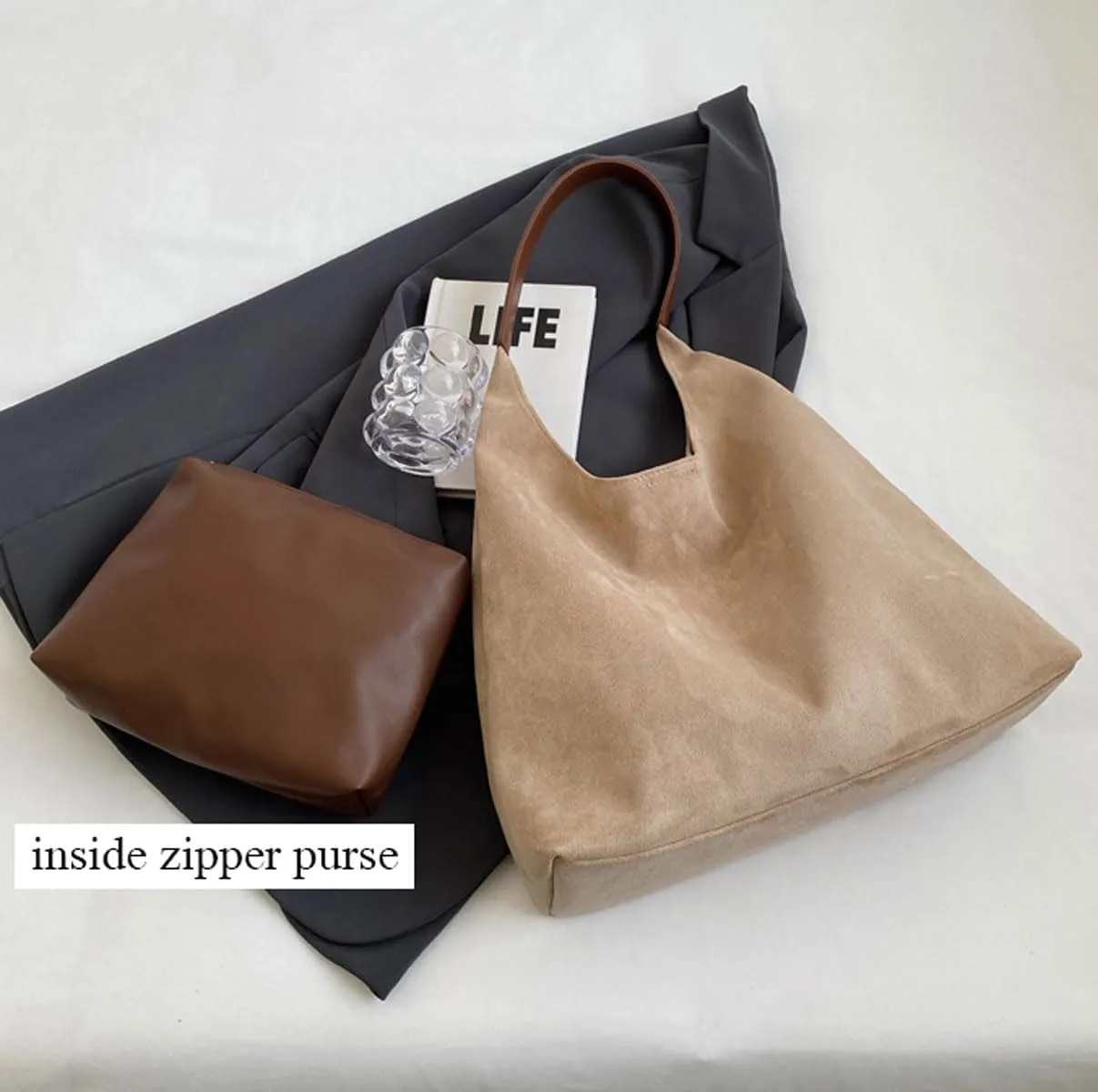 Retro Slouchy Suede Tote Bags for Women Top Handle Large Hobo Bag Fall Winter Shoulder Handbags, Apricot