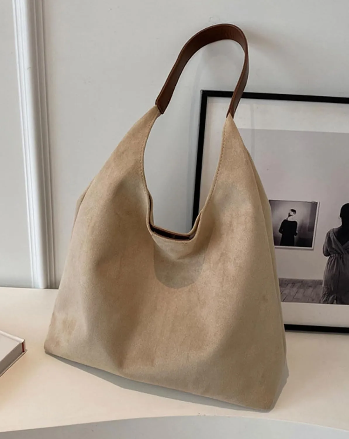 Retro Slouchy Suede Tote Bags for Women Top Handle Large Hobo Bag Fall Winter Shoulder Handbags, Apricot